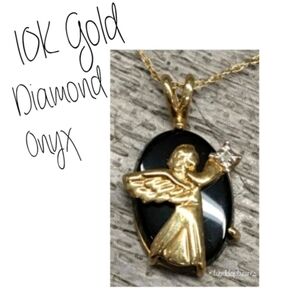 10K Gold Diamond Onyx Vtg Richard Klein  Guardian Angel Pendant 18" Necklac
